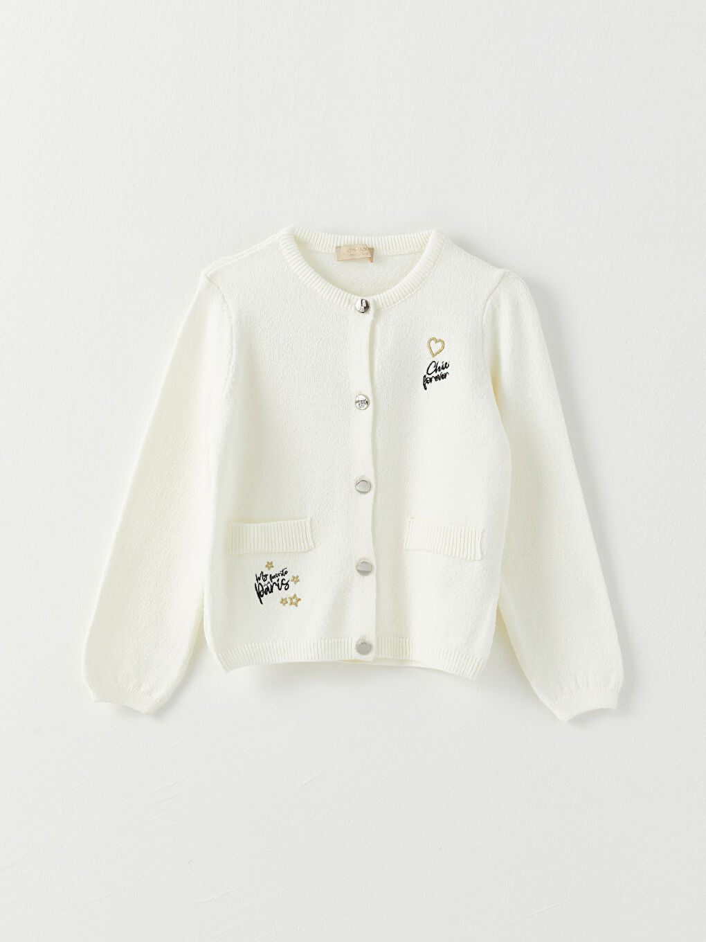 Ekru Bisiklet Yaka Nakışlı Uzun Kollu Kız Çocuk Triko Hırka