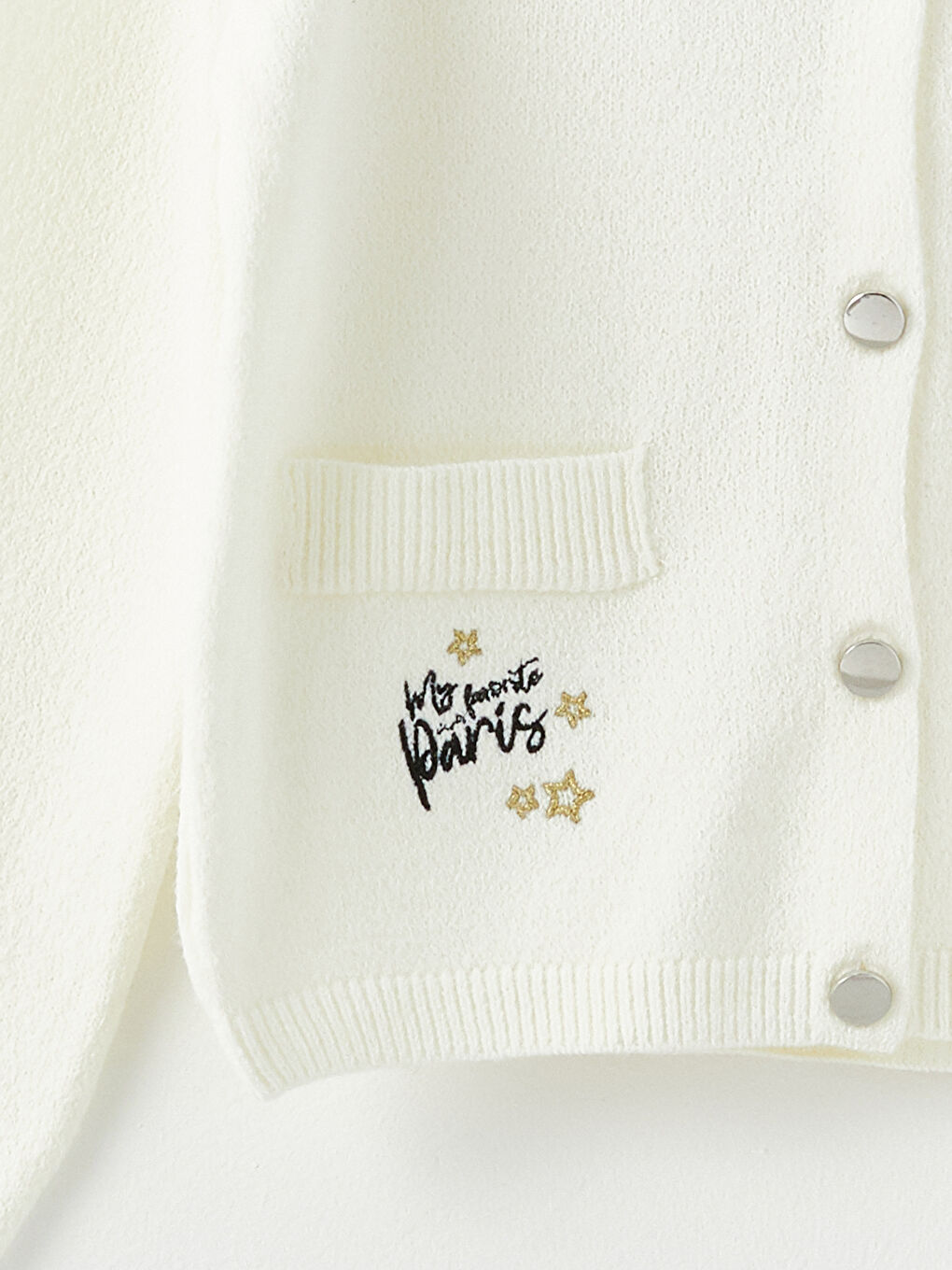 Ekru Bisiklet Yaka Nakışlı Uzun Kollu Kız Çocuk Triko Hırka-2