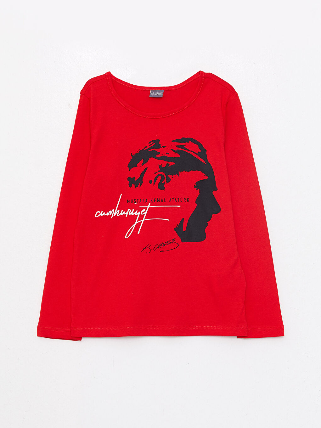 Kırmızı Bisiklet Yaka Baskılı Uzun Kollu Pamuklu Kız Çocuk Tişört