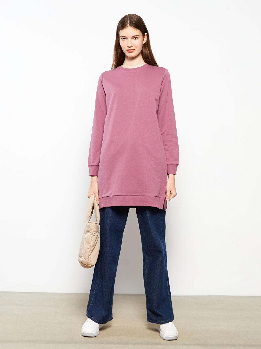 Crew Neck Plain Long Sleeve Women's Sweatshirt Tunic-1