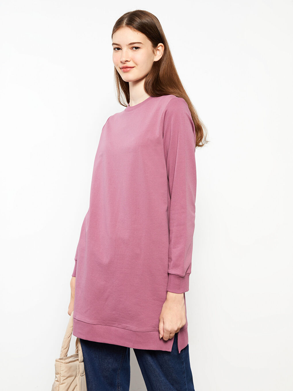 Crew Neck Plain Long Sleeve Women's Sweatshirt Tunic-2