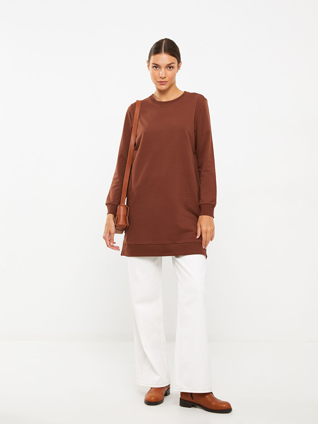Crew Neck Plain Long Sleeve Women's Sweatshirt Tunic