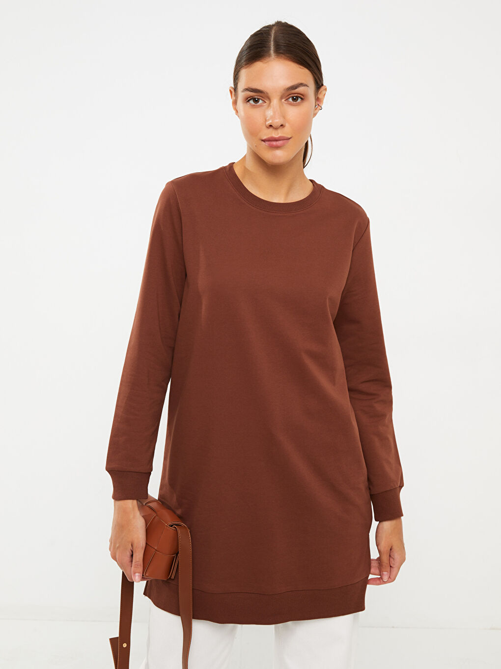 Crew Neck Plain Long Sleeve Women's Sweatshirt Tunic-1