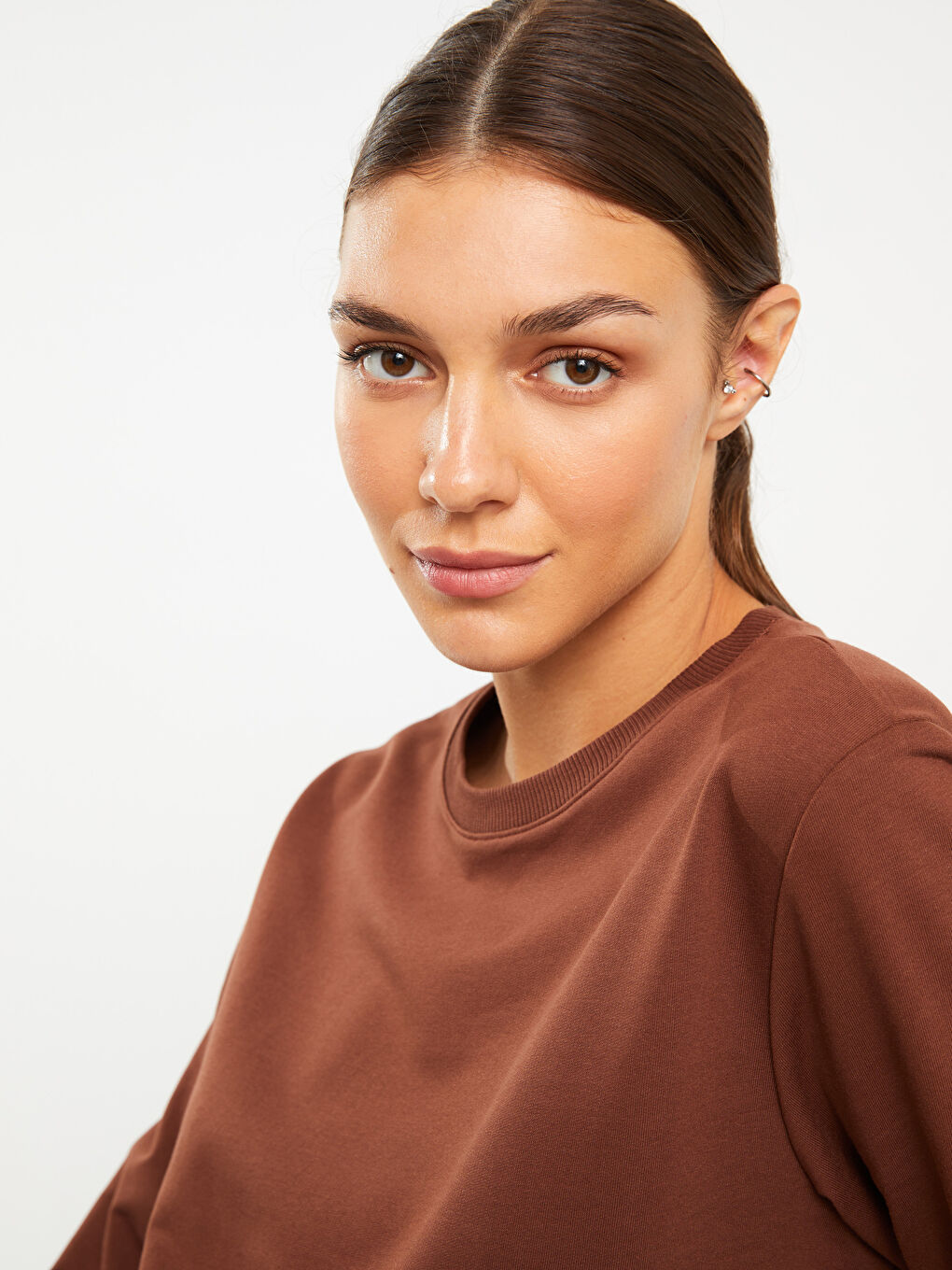 Crew Neck Plain Long Sleeve Women's Sweatshirt Tunic-2