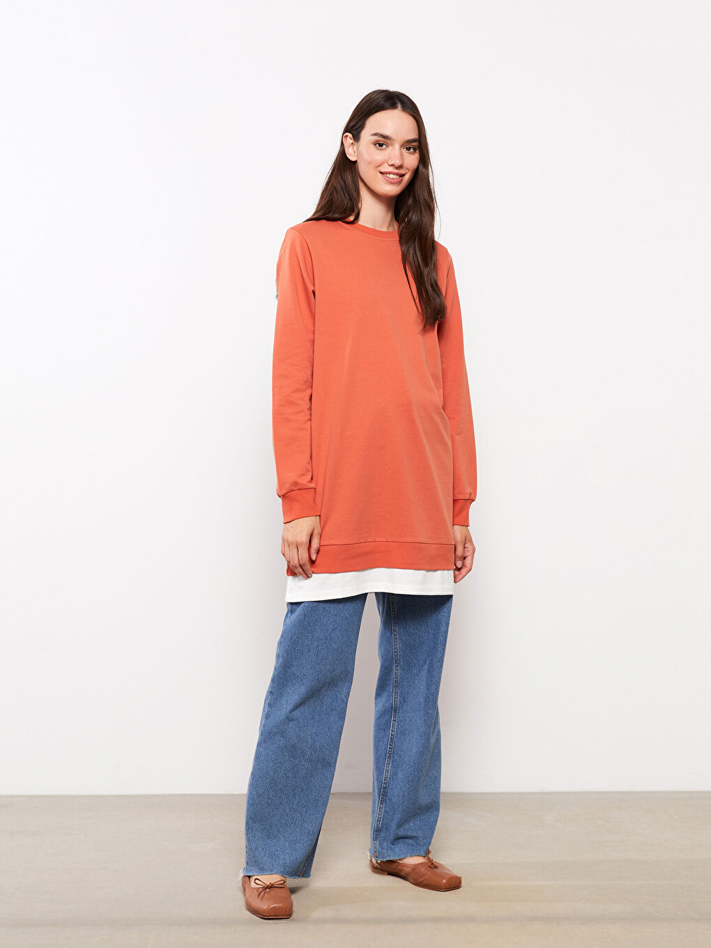 Crew Neck Plain Long Sleeve Women's Sweatshirt Tunic