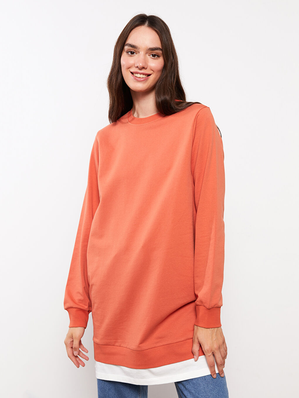 Crew Neck Plain Long Sleeve Women's Sweatshirt Tunic-1