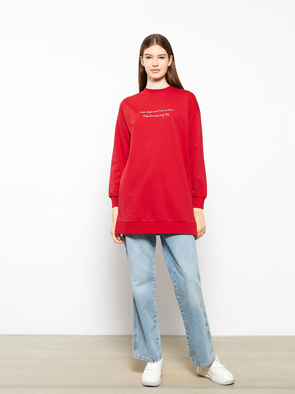 Crew Neck Embroidered Long Sleeve Oversize Women's Sweatshirt Tunic