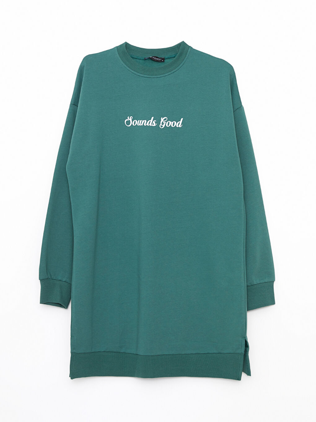 Yeşil Bisiklet Yaka Nakışlı Uzun Kollu Oversize Kadın Sweatshirt Tunik-5