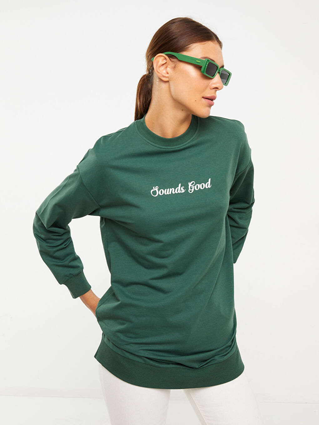 Yeşil Bisiklet Yaka Nakışlı Uzun Kollu Oversize Kadın Sweatshirt Tunik-1