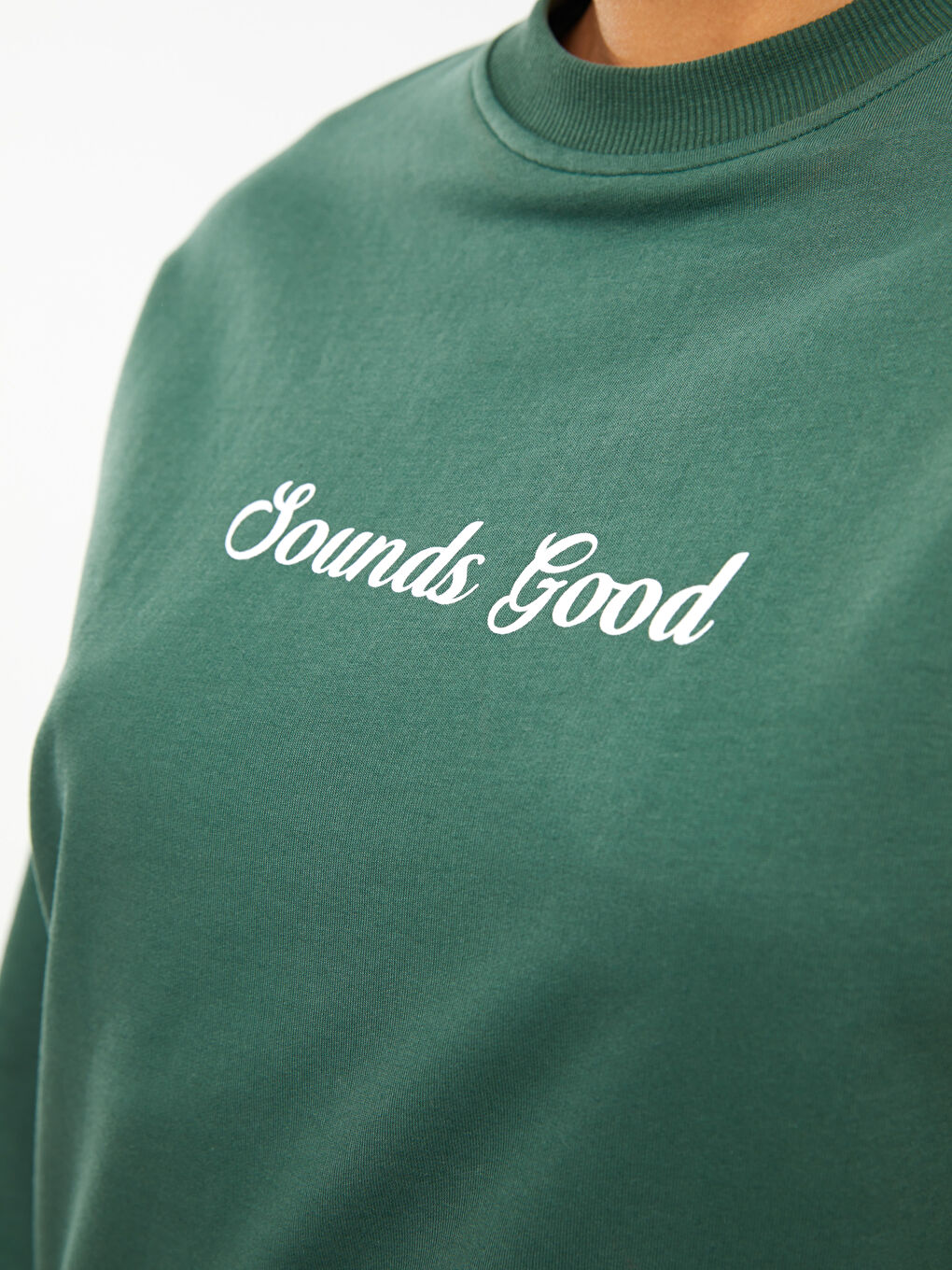 Yeşil Bisiklet Yaka Nakışlı Uzun Kollu Oversize Kadın Sweatshirt Tunik-3