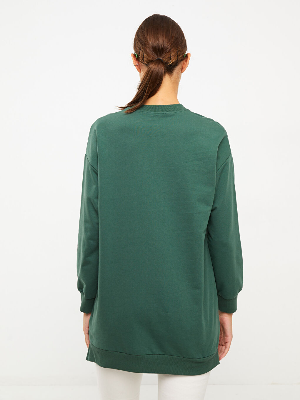 Yeşil Bisiklet Yaka Nakışlı Uzun Kollu Oversize Kadın Sweatshirt Tunik-4