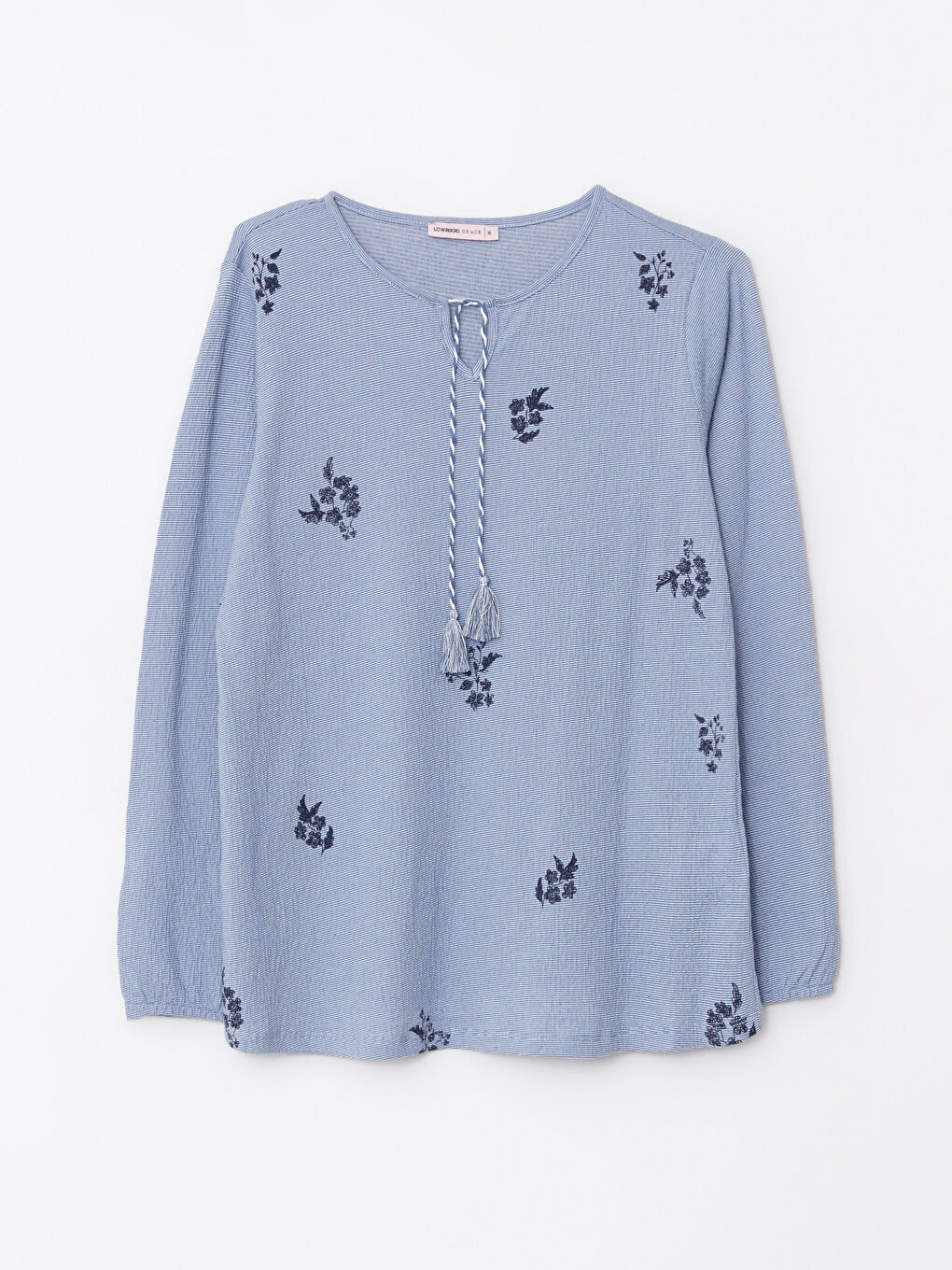 Mavi Bağlamalı Yaka Nakışlı Uzun Kollu Kadın Bluz-5