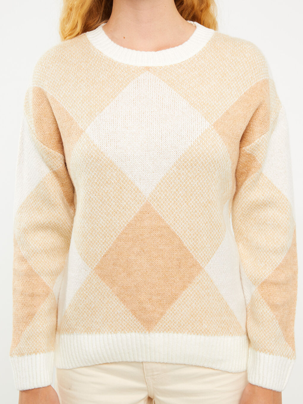 Ekru Bisiklet Yaka Desenli Uzun Kollu Kadın Triko Kazak-4