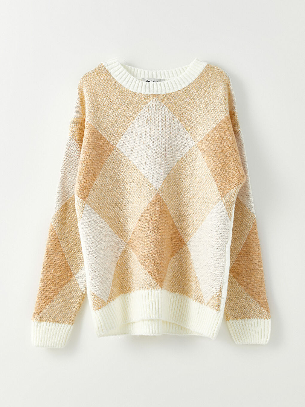 Ekru Bisiklet Yaka Desenli Uzun Kollu Kadın Triko Kazak-6