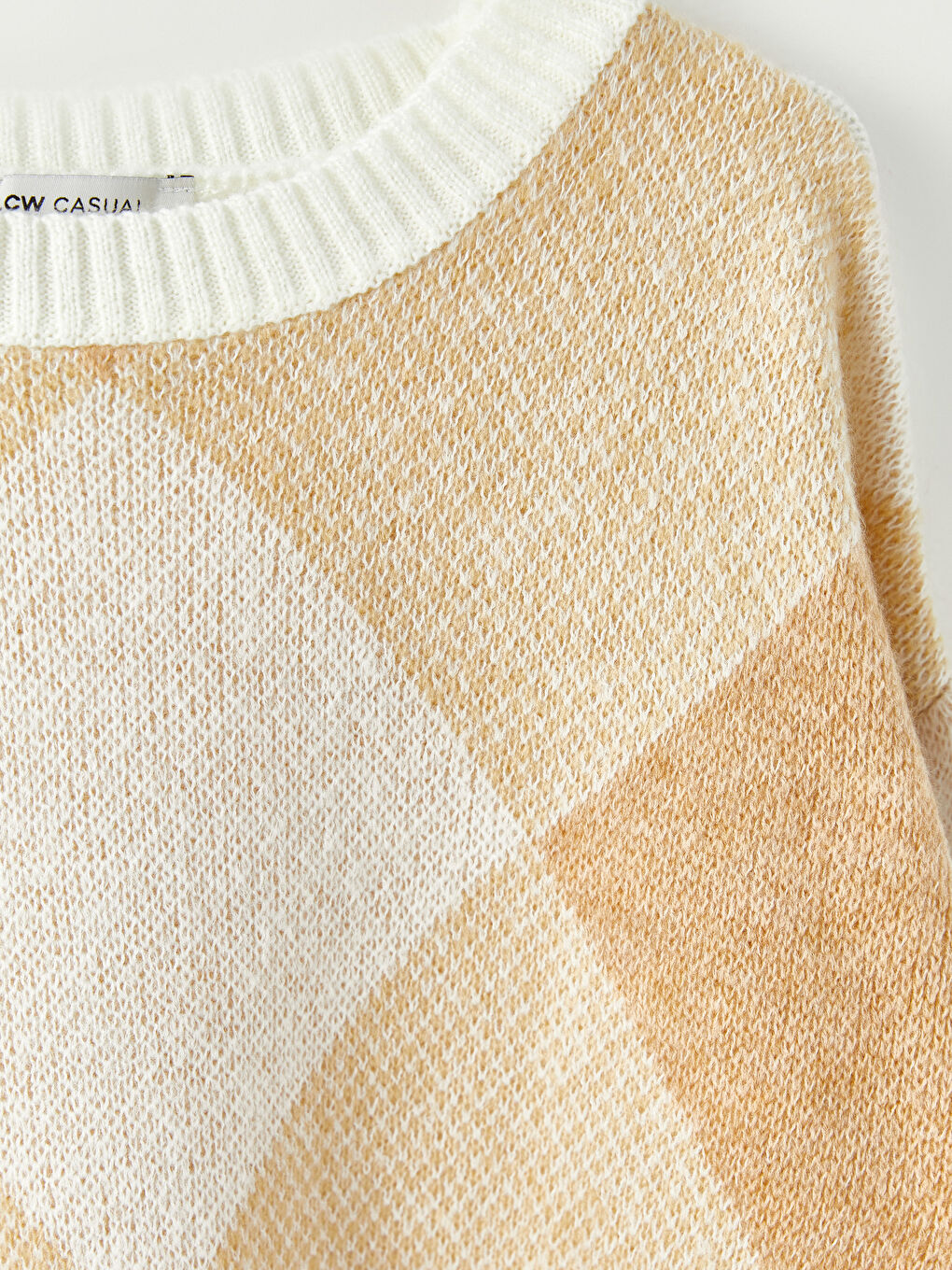 Ekru Bisiklet Yaka Desenli Uzun Kollu Kadın Triko Kazak-8