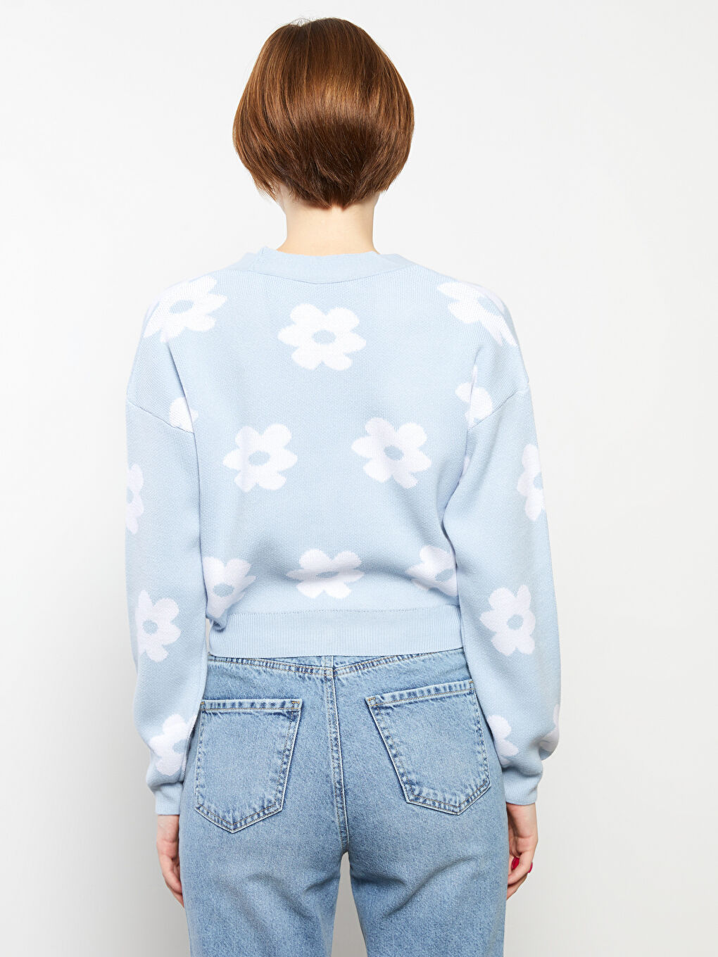 Mavi V Yaka Çiçekli Uzun Kollu Kadın Triko Hırka-4