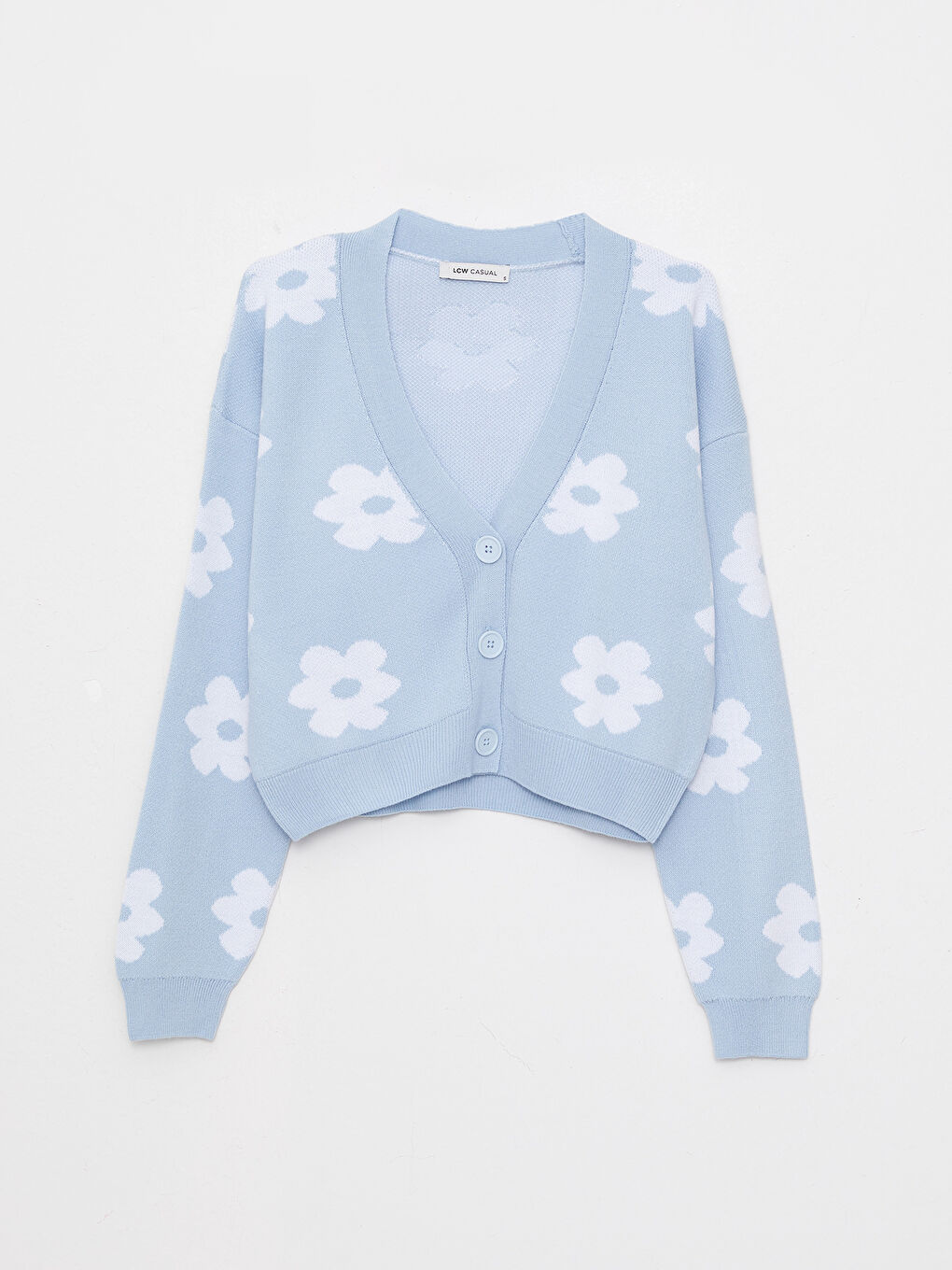 Mavi V Yaka Çiçekli Uzun Kollu Kadın Triko Hırka-5