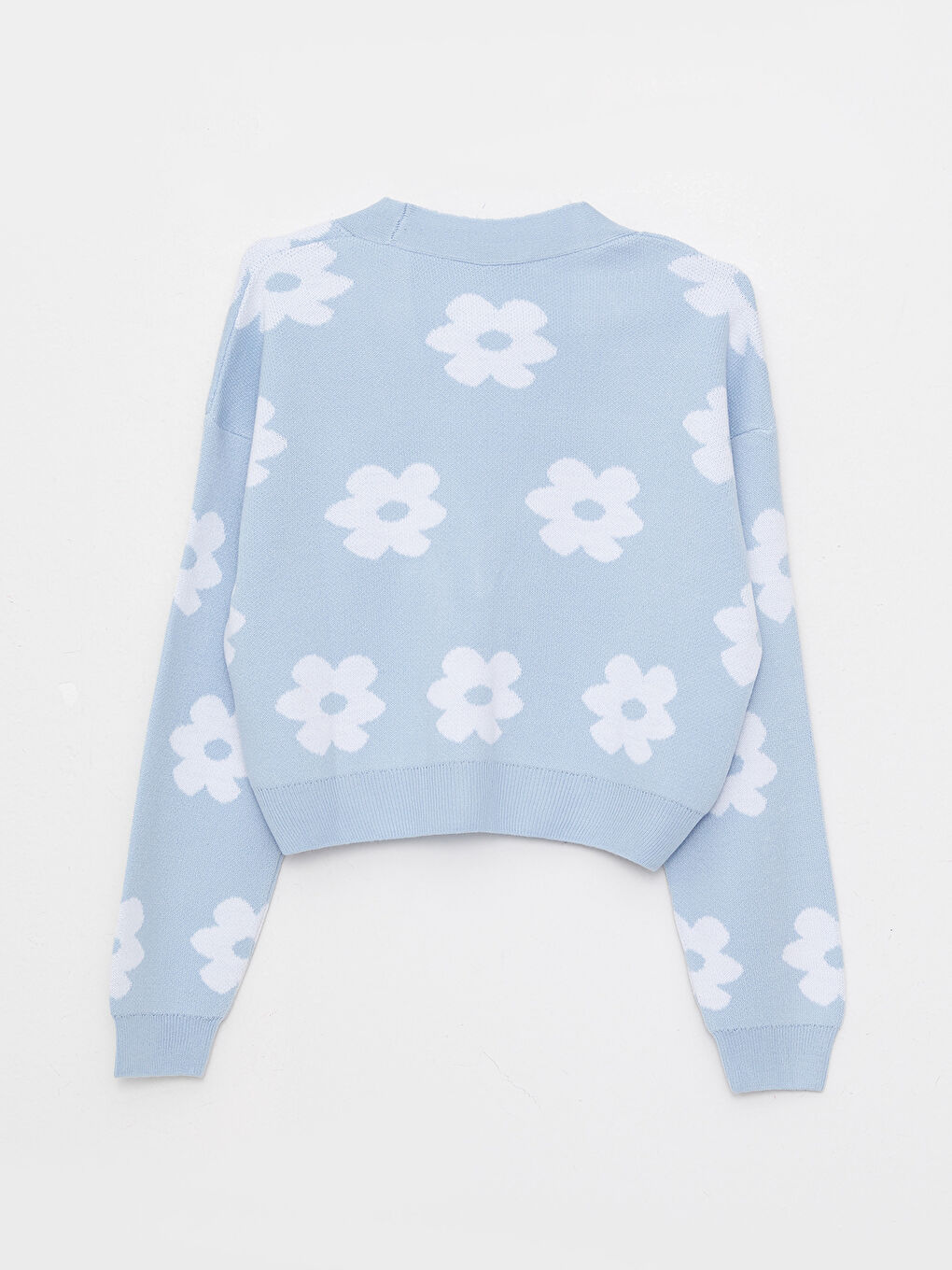 Mavi V Yaka Çiçekli Uzun Kollu Kadın Triko Hırka-6