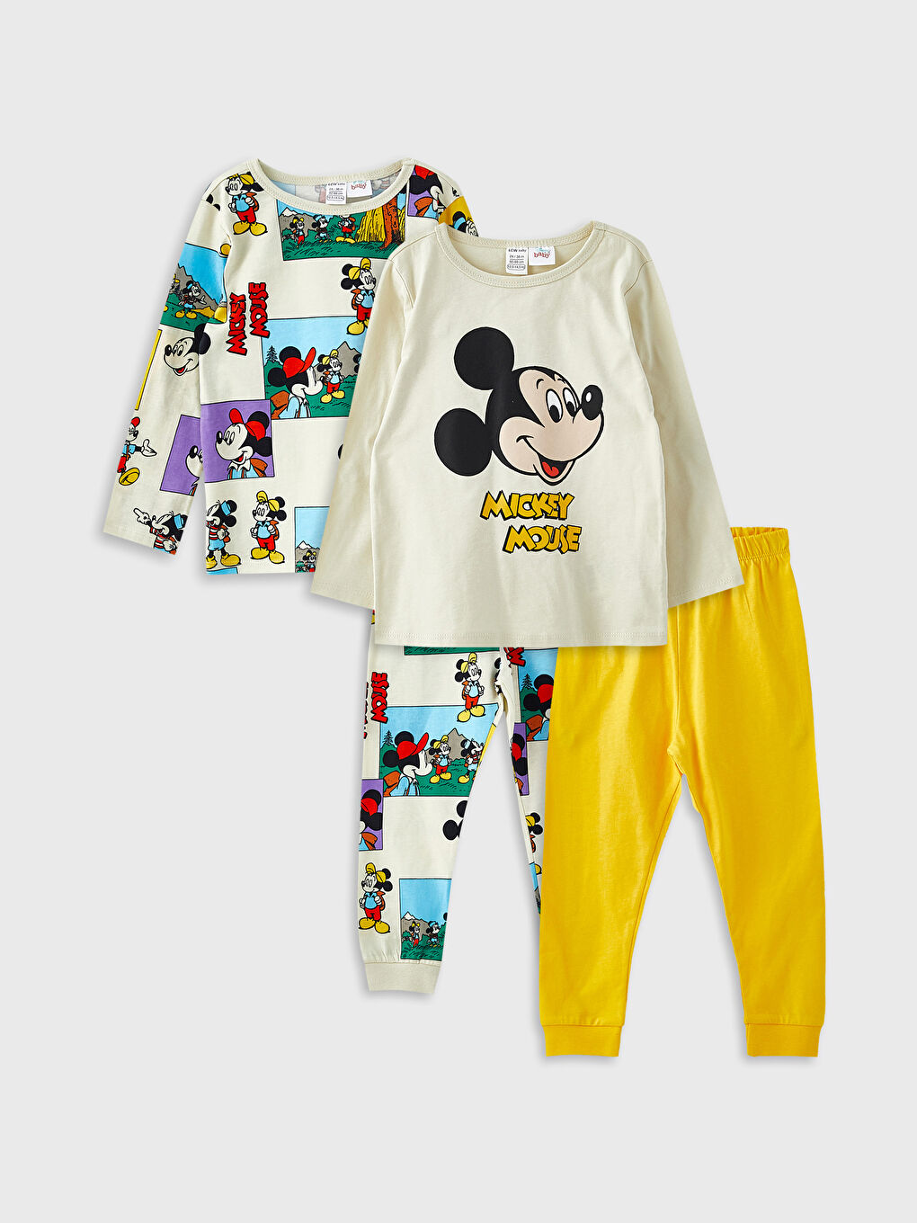 LCW baby Bej Bisiklet Yaka Uzun Kollu Mickey Mouse Baskılı Erkek Bebek 2'li Pijama Takımı