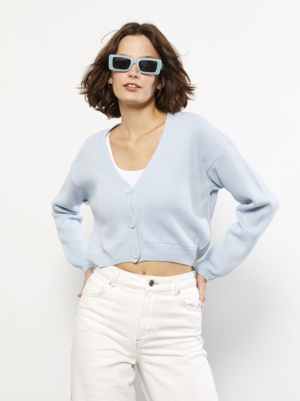 Mavi V Yaka Kadın Triko Hırka-1