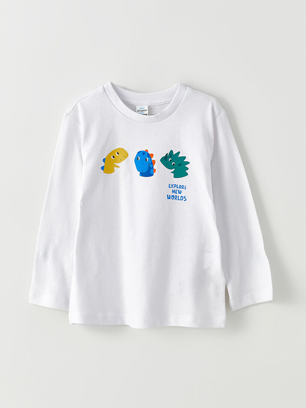 Beyaz Bisiklet Yaka Uzun Kollu Baskılı Pamuklu Erkek Bebek Tişört