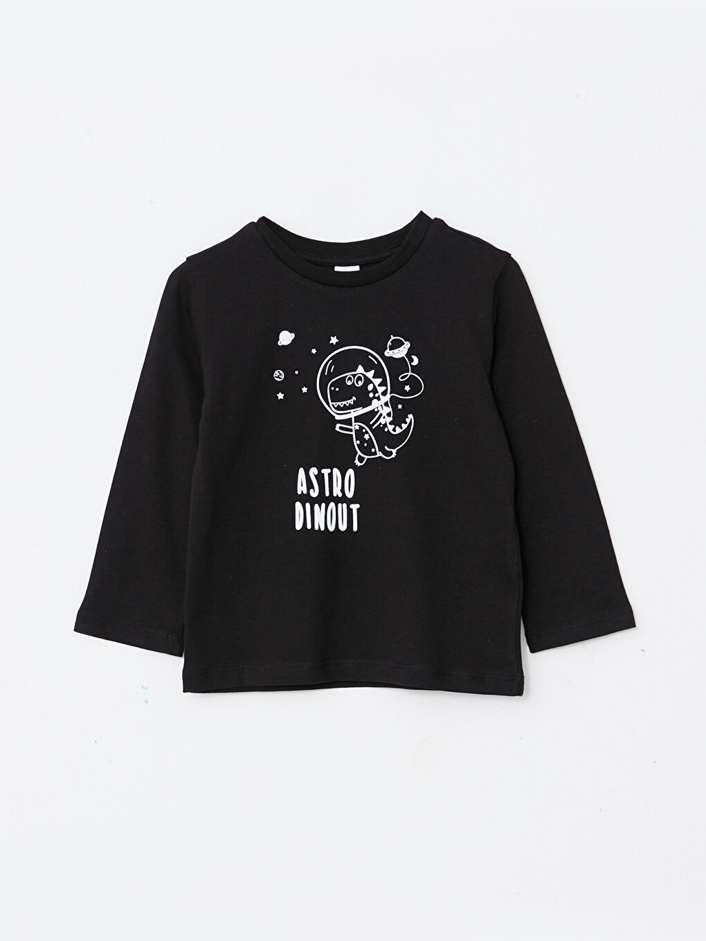 Siyah Bisiklet Yaka Uzun Kollu Baskılı Pamuklu Erkek Bebek Tişört