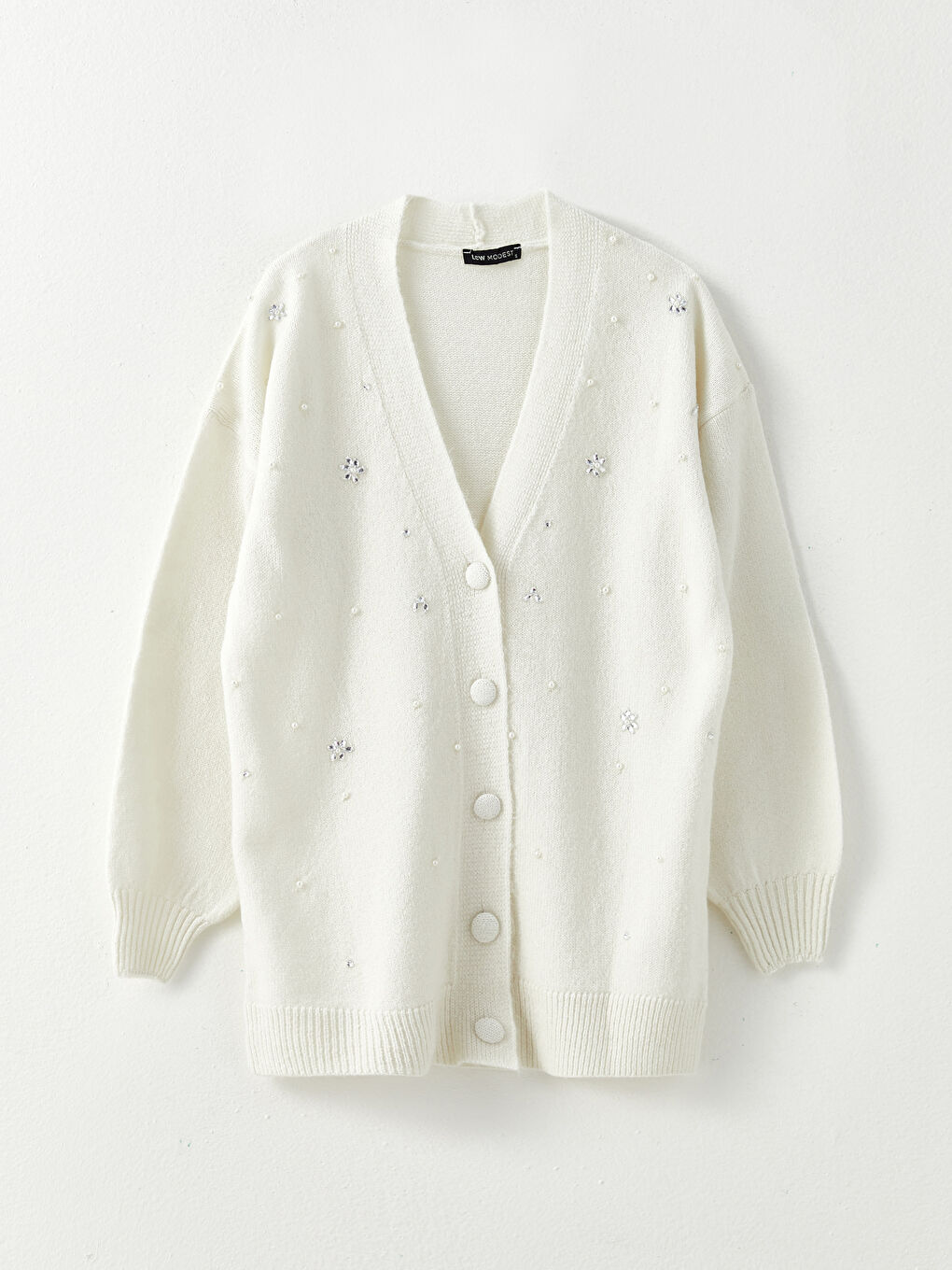 Ekru V Yaka Nakışlı Uzun Kollu Kadın Triko Hırka-5