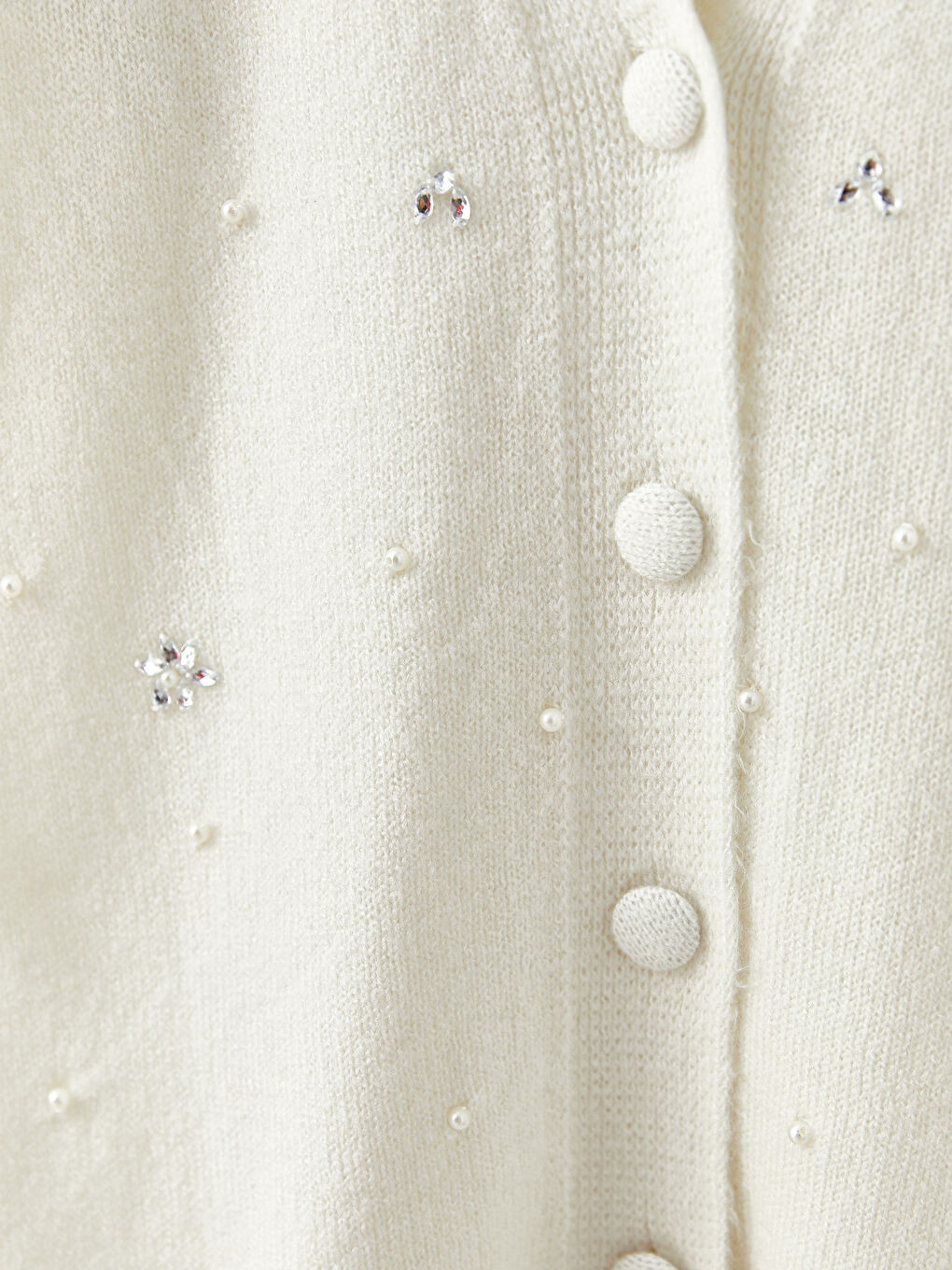 Ekru V Yaka Nakışlı Uzun Kollu Kadın Triko Hırka-7