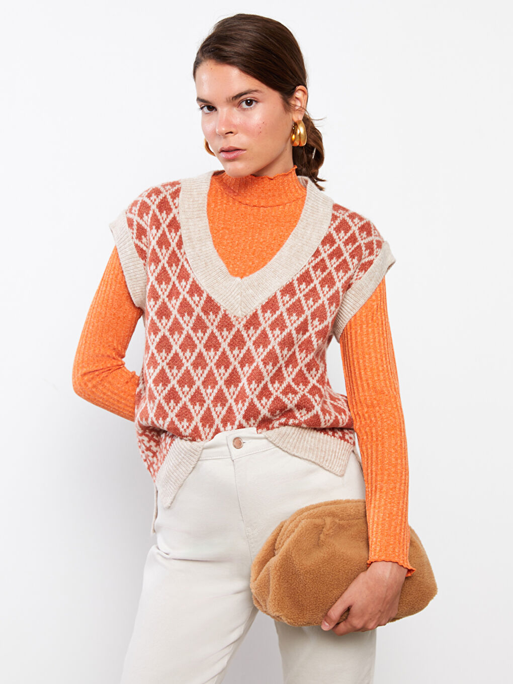 LCWAIKIKI Basic V-Ausschnitt Gemusterter Damen Strickpullover -W2EY86Z8-G5H