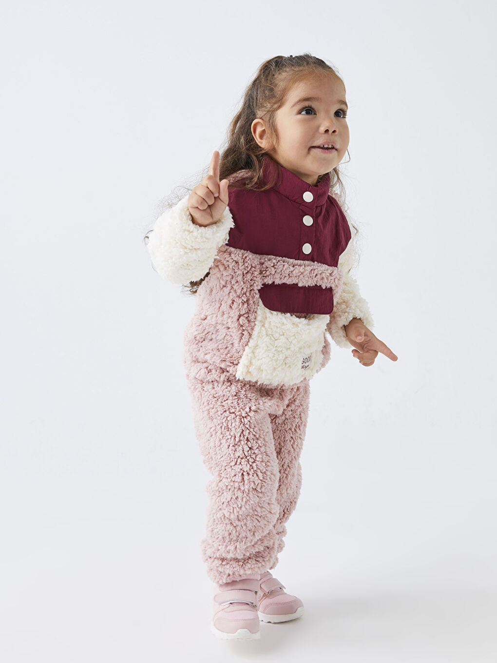 Pembe Dik Yaka Uzun Kollu Pelüş Kız Bebek Sweatshirt ve Pantolon 2'li Takım-1