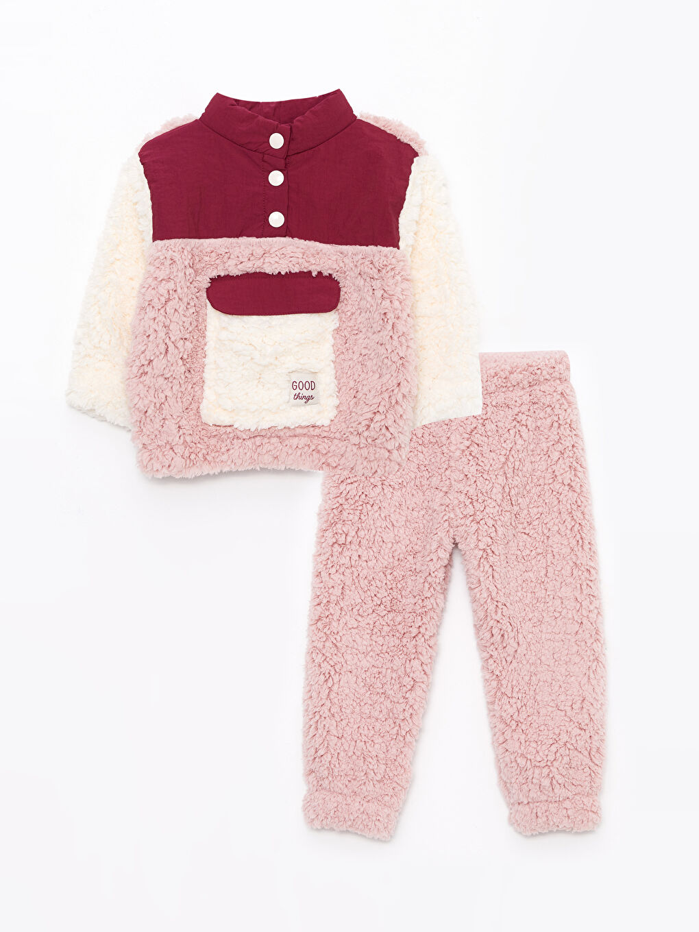 Pembe Dik Yaka Uzun Kollu Pelüş Kız Bebek Sweatshirt ve Pantolon 2'li Takım-3