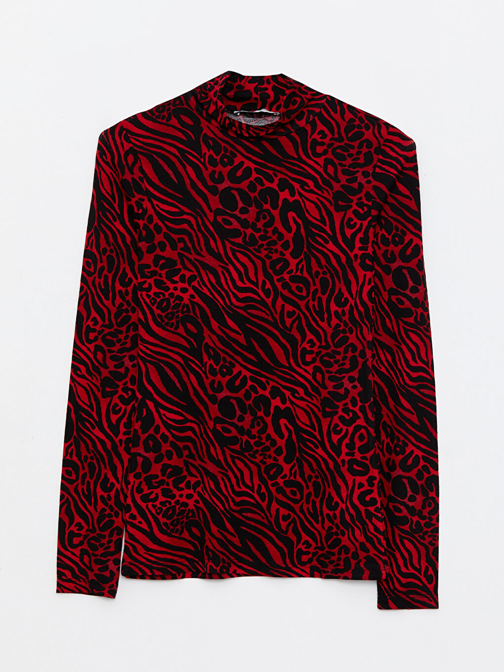 Karışık Dik Yaka Desenli Uzun Kollu Krep Kadın Tişört-5