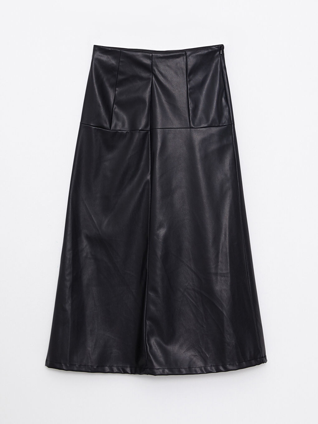 Siyah Düz A Kesim Deri Görünümlü Kadın Etek-7