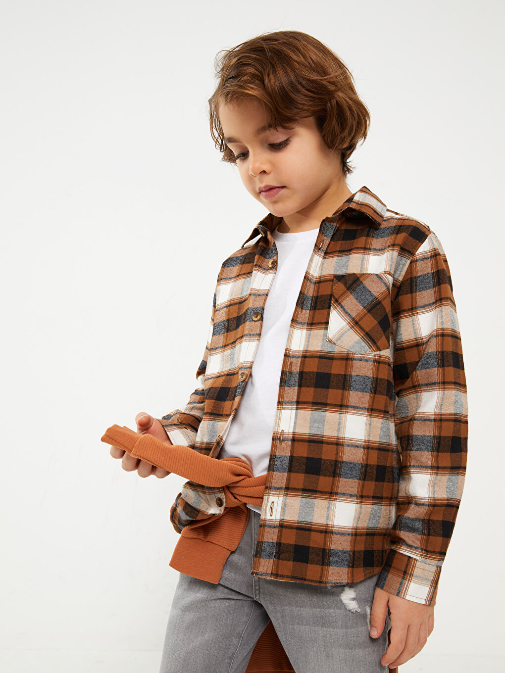 Kahverengi Ekose Uzun Kollu Gabardin Erkek Çocuk Gömlek-1