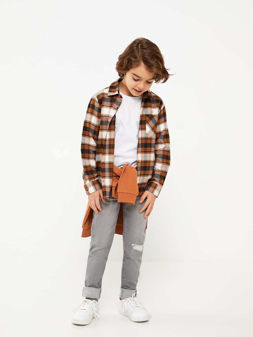 Kahverengi Ekose Uzun Kollu Gabardin Erkek Çocuk Gömlek-2