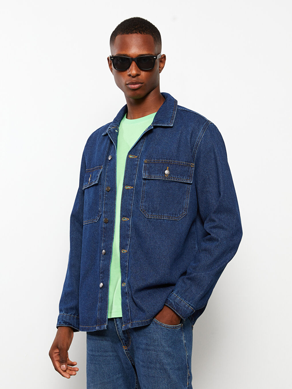 İndigo Standart Kalıp Uzun Kollu Erkek Jean Ceket-1