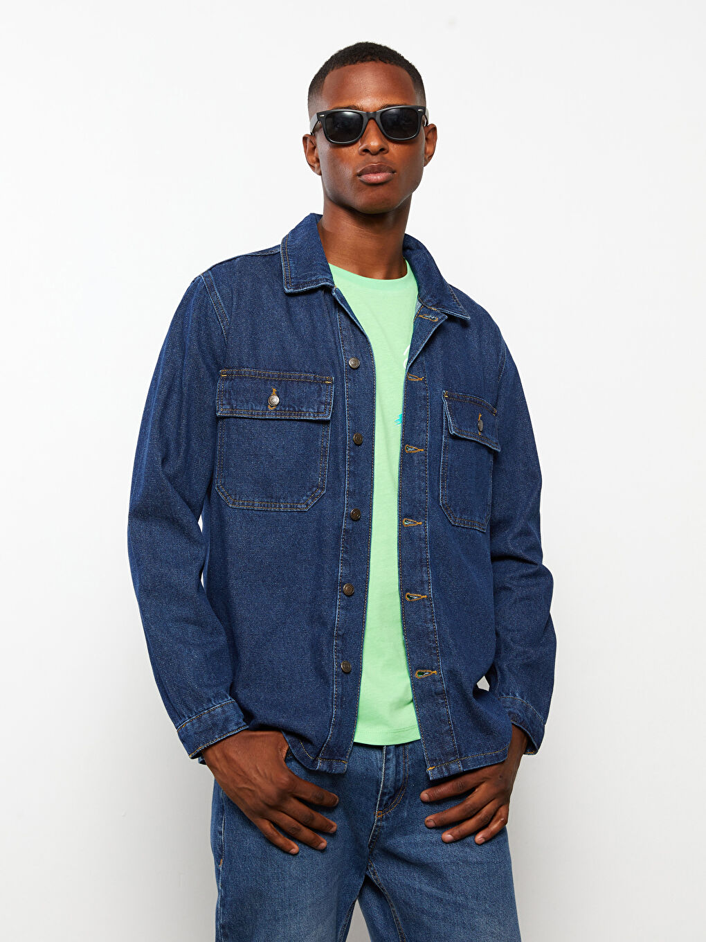 İndigo Standart Kalıp Uzun Kollu Erkek Jean Ceket-2