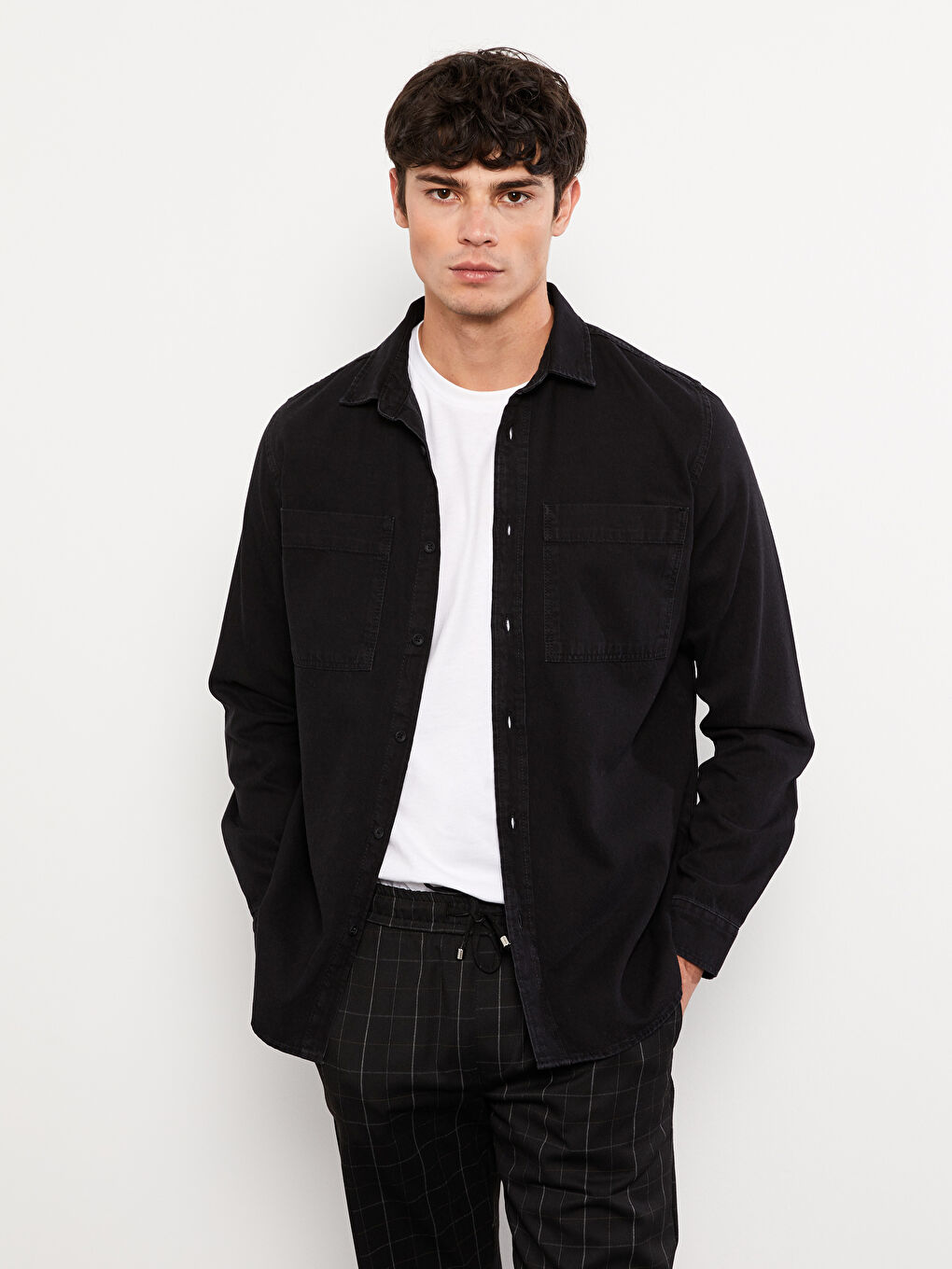 Siyah Regular Fit Uzun Kollu Erkek Jean Gömlek