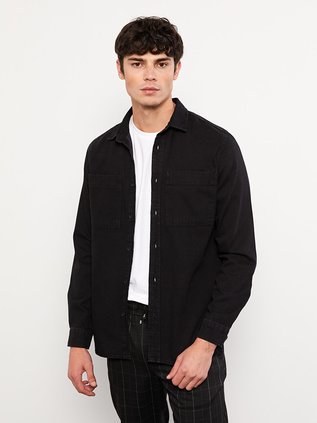 Siyah Regular Fit Uzun Kollu Erkek Jean Gömlek-1