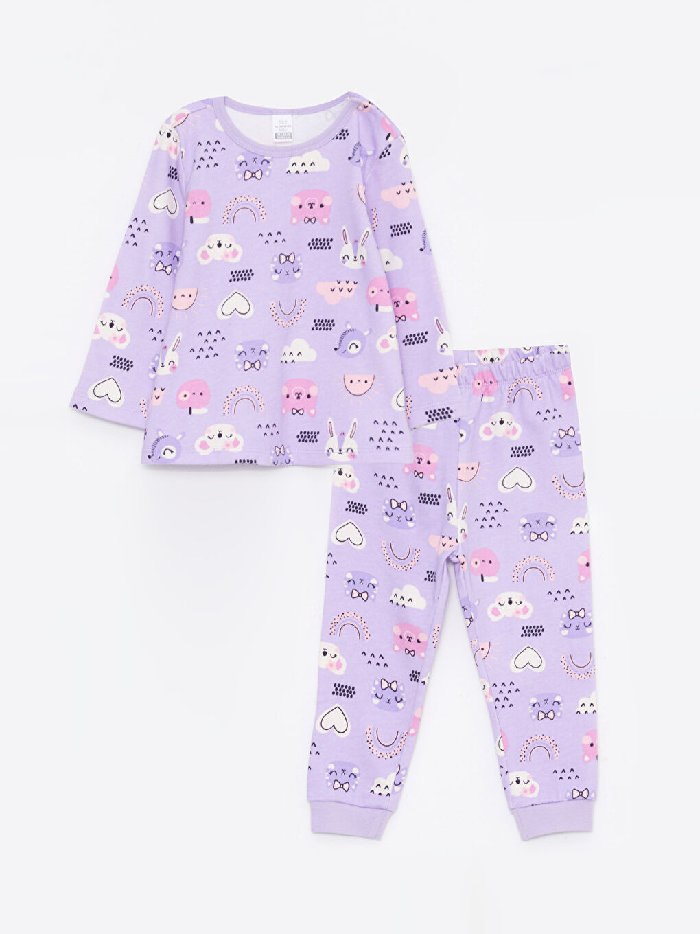 LCW baby Açık Lila Baskılı Bisiklet Yaka Uzun Kollu Baskılı Kız Bebek Pijama Takım