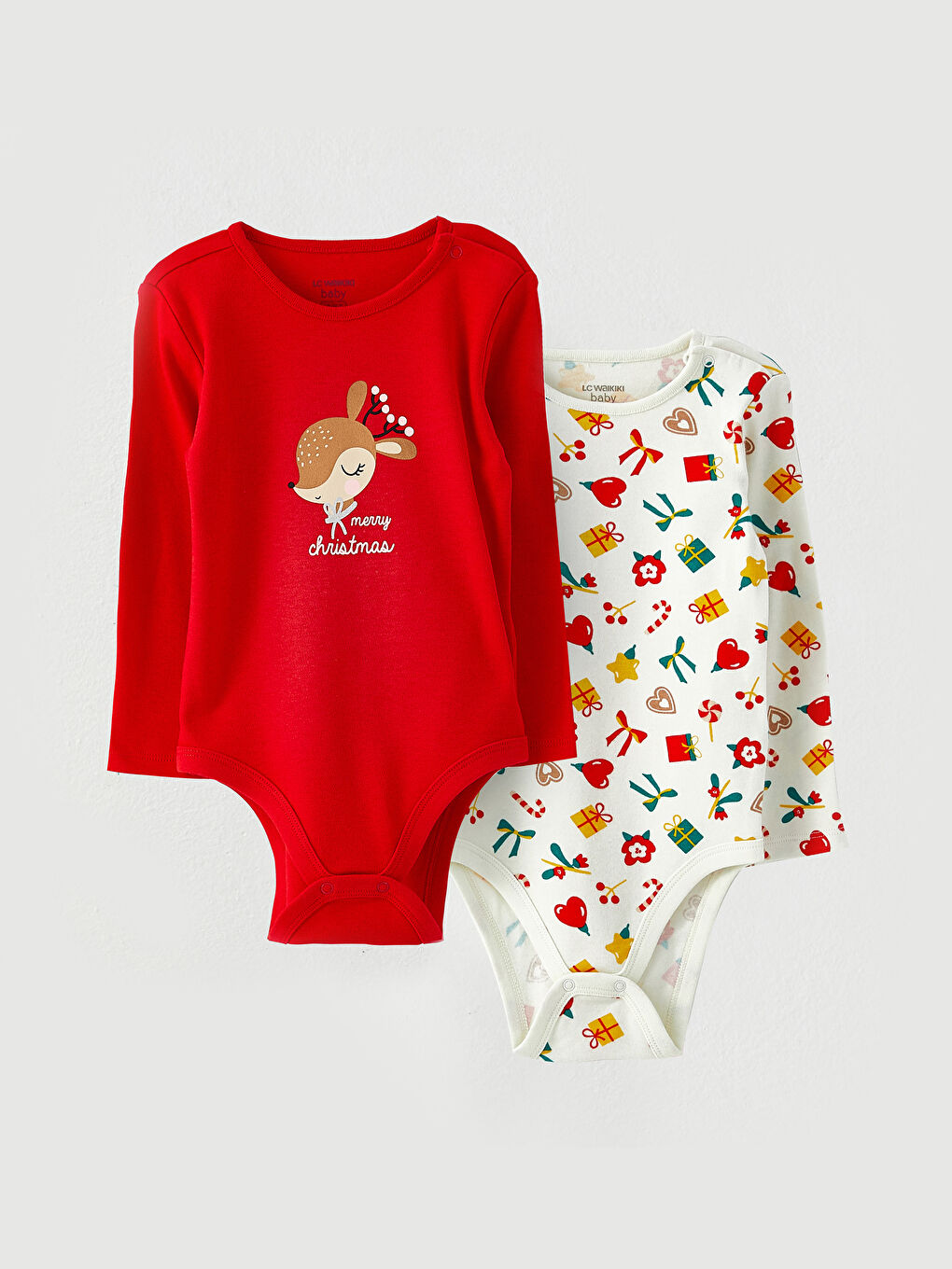 Боди с щрапки с кръгло деколте и дълъг ръкав с новогодишна тематика за бебета момичета - 2 опаковки