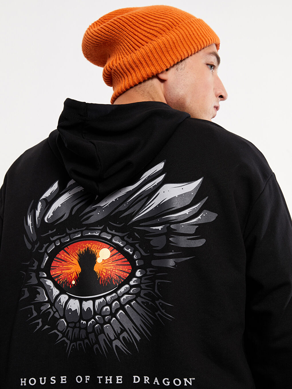 Siyah Uzun Kollu House of the Dragon Baskılı Erkek Hoodie