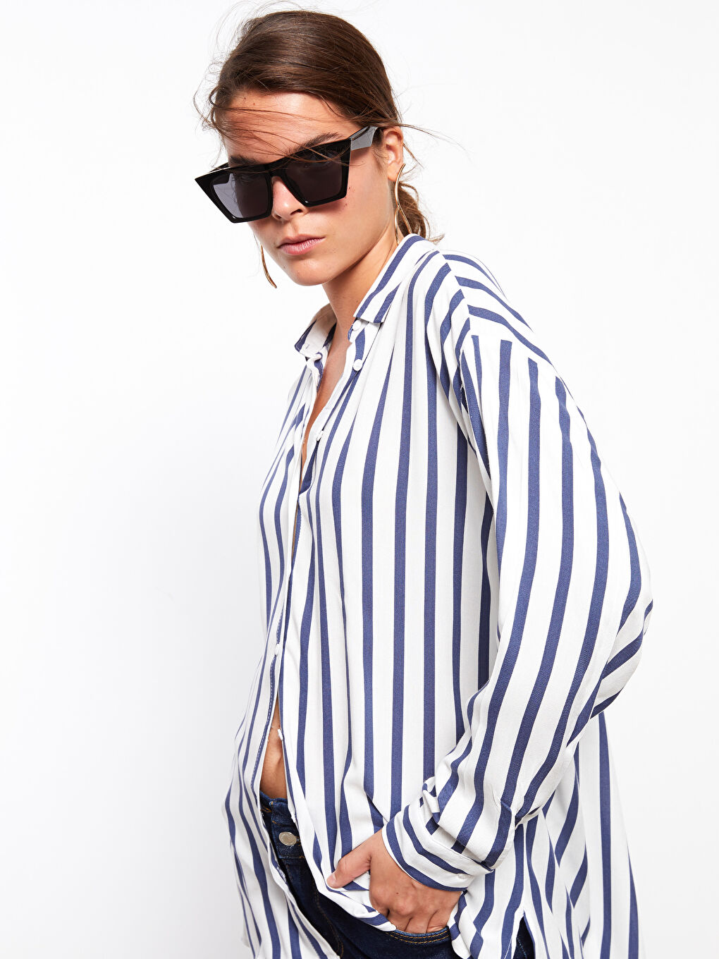 Chemise Femme à Rayures en Viscose à Manches Longues