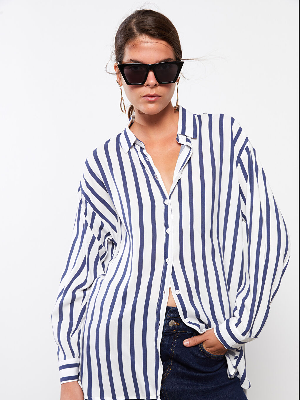 Chemise Femme à Rayures en Viscose à Manches Longues-1