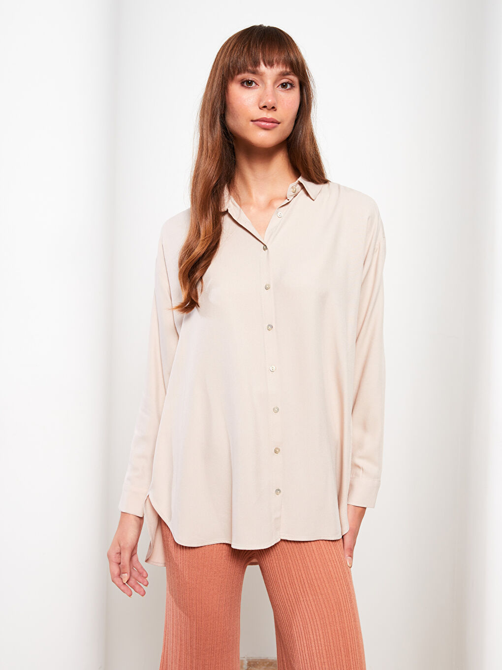 قميص سادة كم طويل للسيدات من قماش الفيسكوز