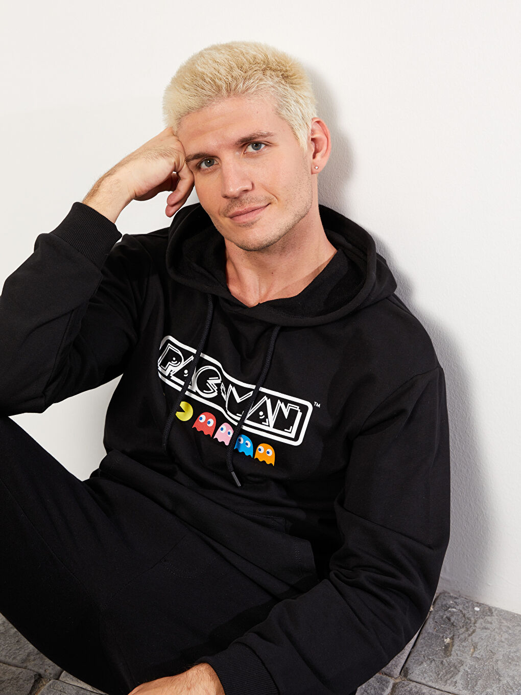 XSIDE Yeni Siyah Uzun Kollu Pacman Baskılı Erkek Hoodie