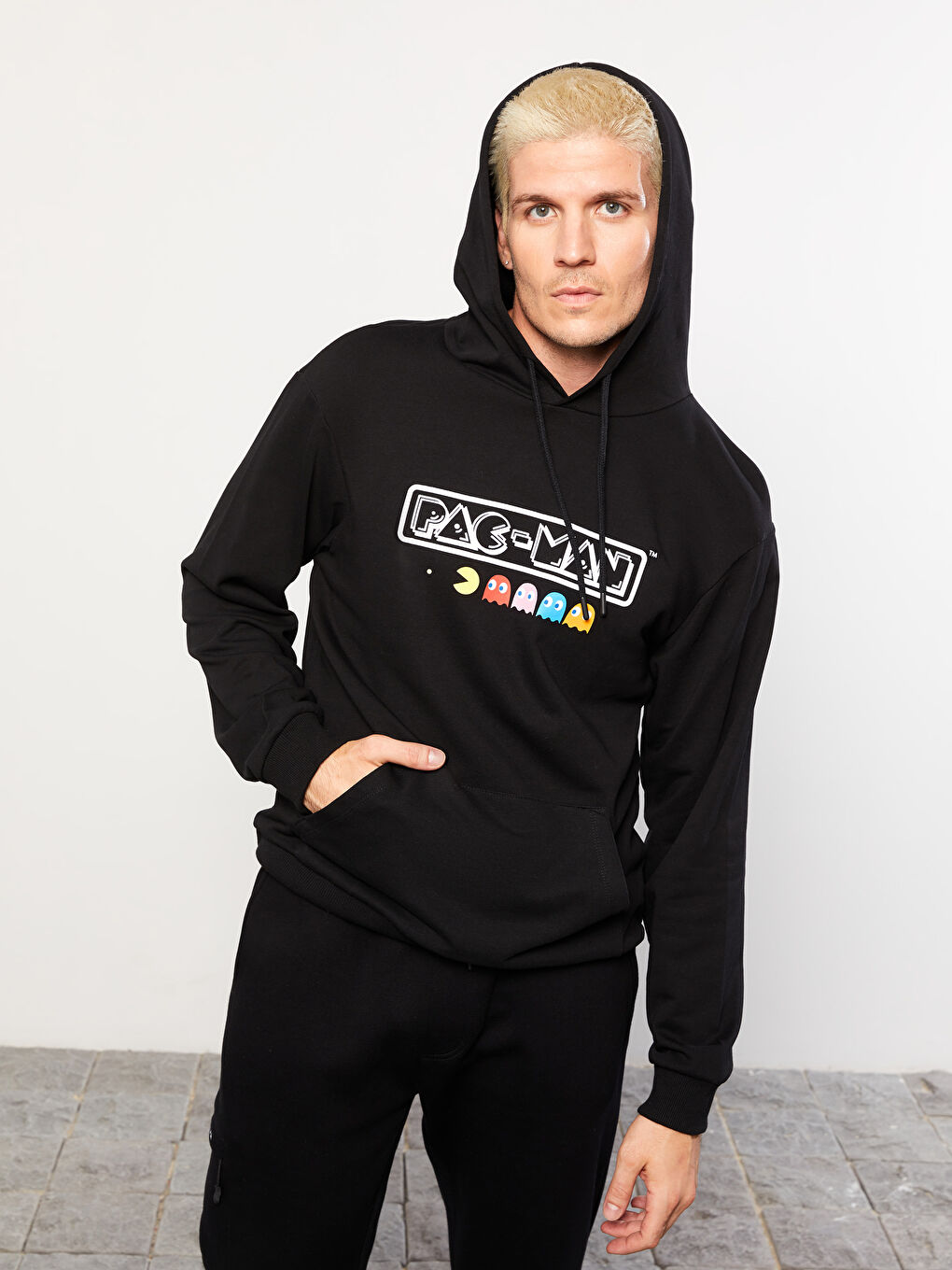 XSIDE Yeni Siyah Uzun Kollu Pacman Baskılı Erkek Hoodie - 1