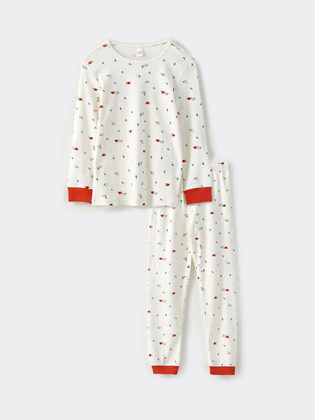 Ekru Bisiklet Yaka Baskılı Uzun Kollu Kız Çocuk Pijama Takımı