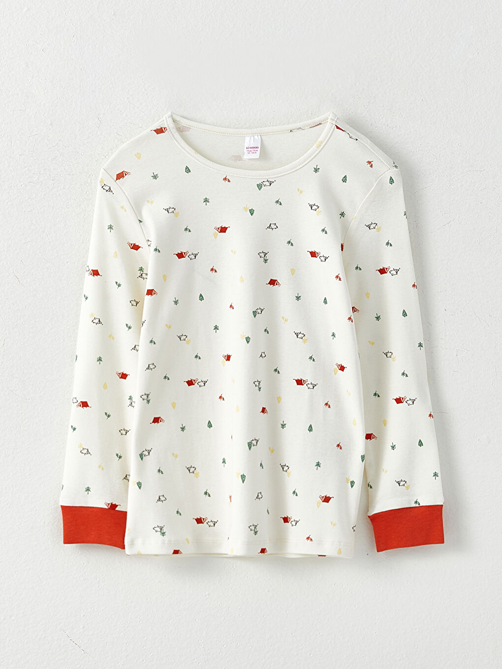 Ekru Bisiklet Yaka Baskılı Uzun Kollu Kız Çocuk Pijama Takımı-1