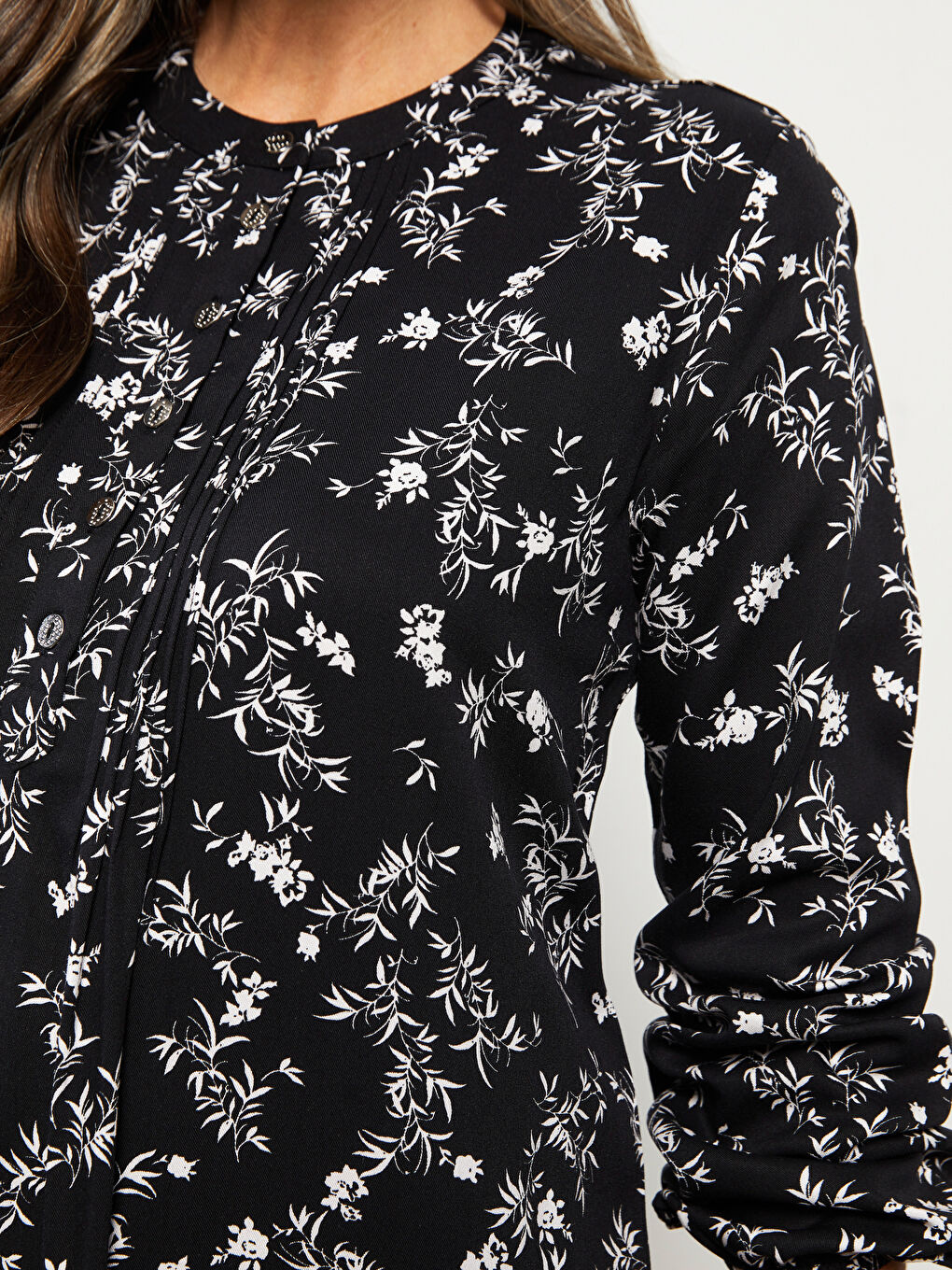 Siyah Bisiklet Yaka Desenli Uzun Kollu Viskon Kadın Elbise-3